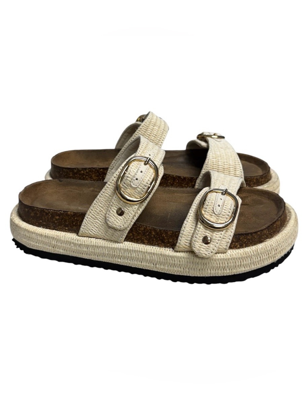 Pier Dumas Women’s Cream Double Buckle Platform Slide Sandals Size 8